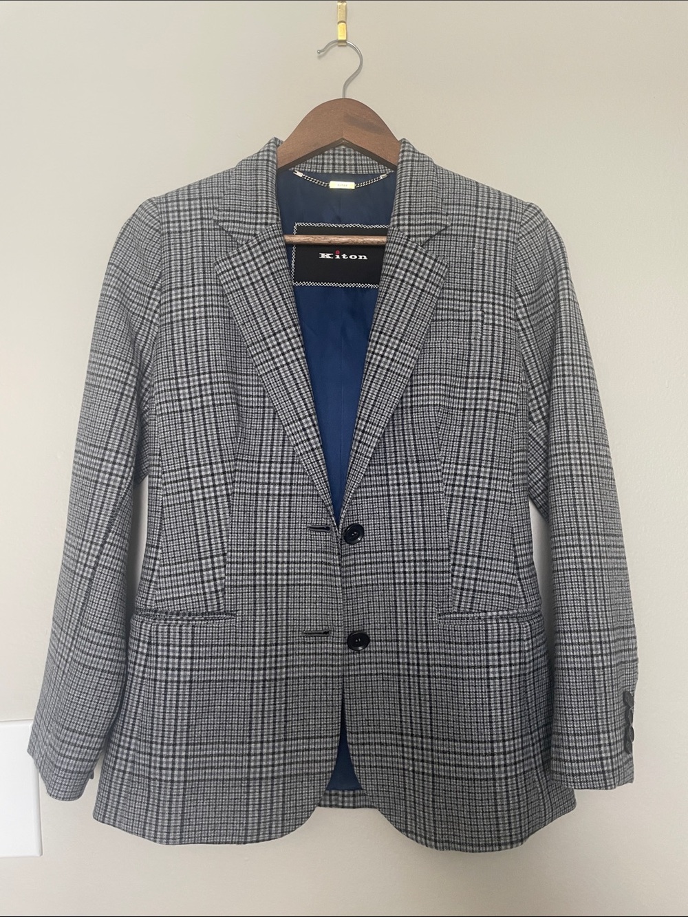 Kiton Gray and blue plaid blazer